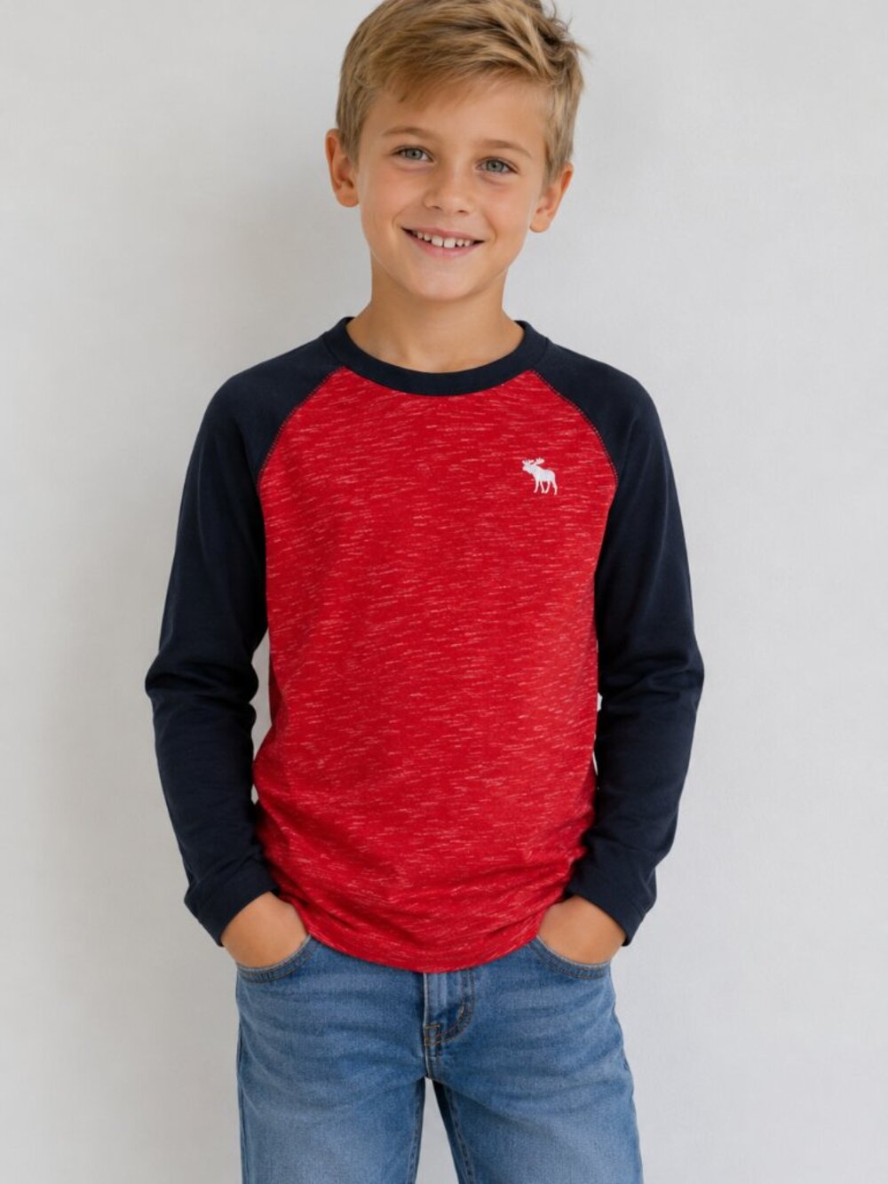 abercrombie kids raglan red & navy shirt white embroidered logo youth size 7/8